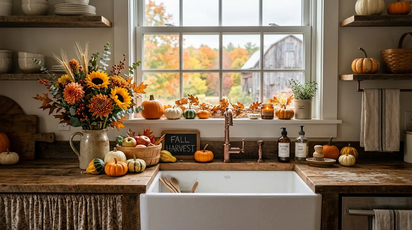 Farmhouse sink area decorated for fall